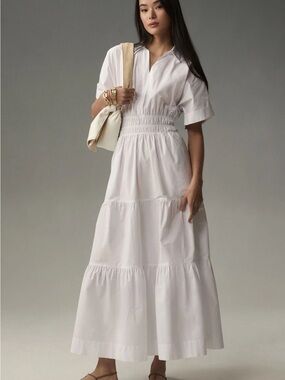 Anthropologie Shirt dress White Tiered Maxi with Smocked Waistband